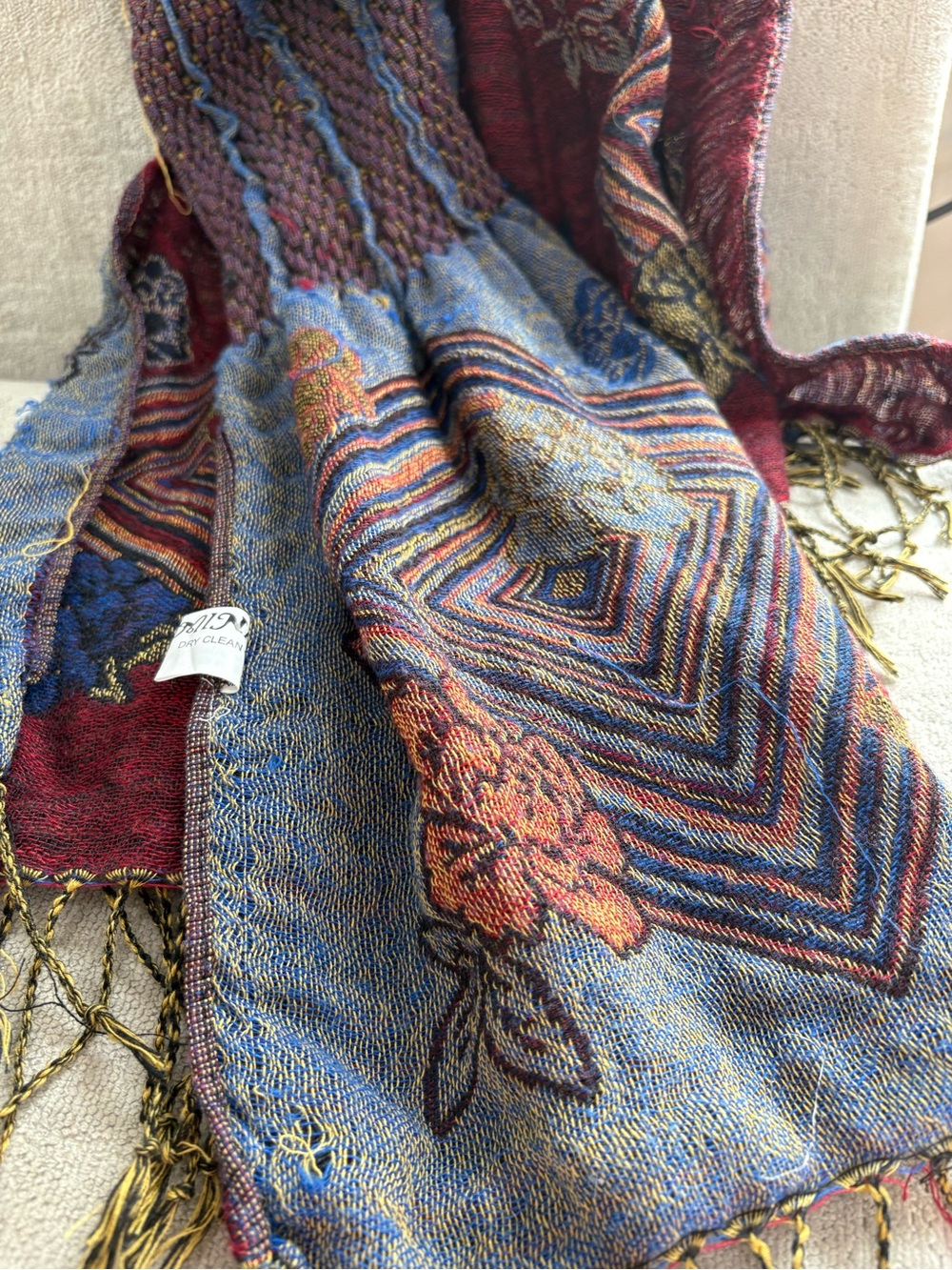pashmina Blue and Red Floral Woven Accent Scarf